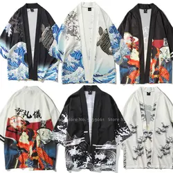 Мужская футболка в японском стиле с принтом Ukiyo-e, Рубашка-кимоно кардиган с принтом аниме уличная одежда для женщин, платье-хаори, одежда