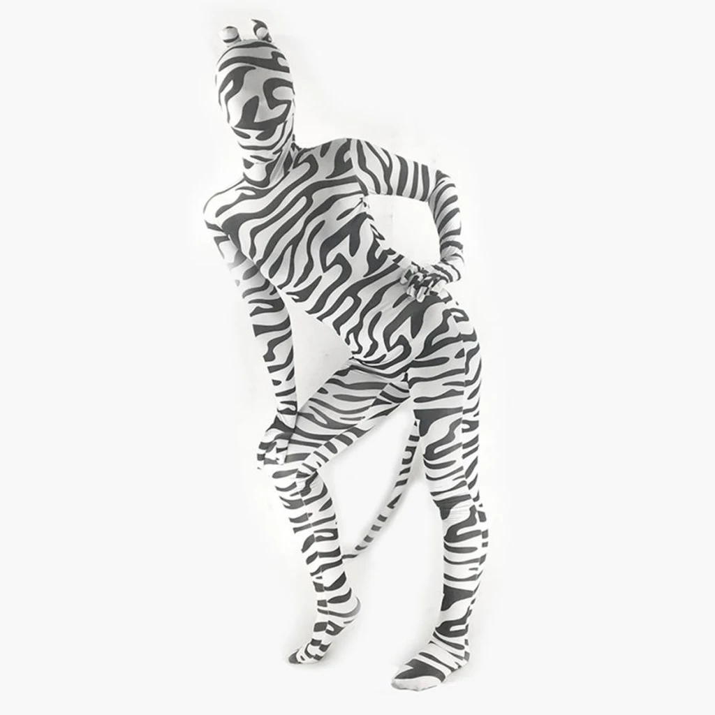 Full Body Zebra Bodysuit With Tail Ears Spandex Unitard Costume Outfit S-3XL