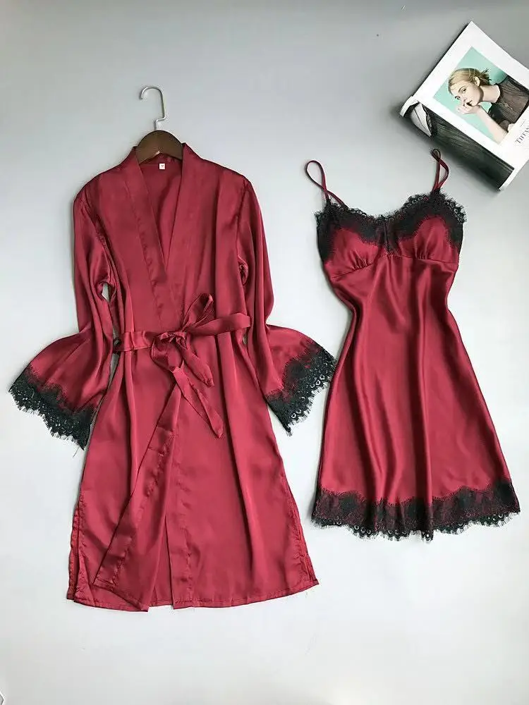Женские сексуальные кружевные шелковые пижамы 2 шт осенняя новая ночная рубашка-пеньюар костюм с нагрудной накладкой Домашняя одежда женская пижама