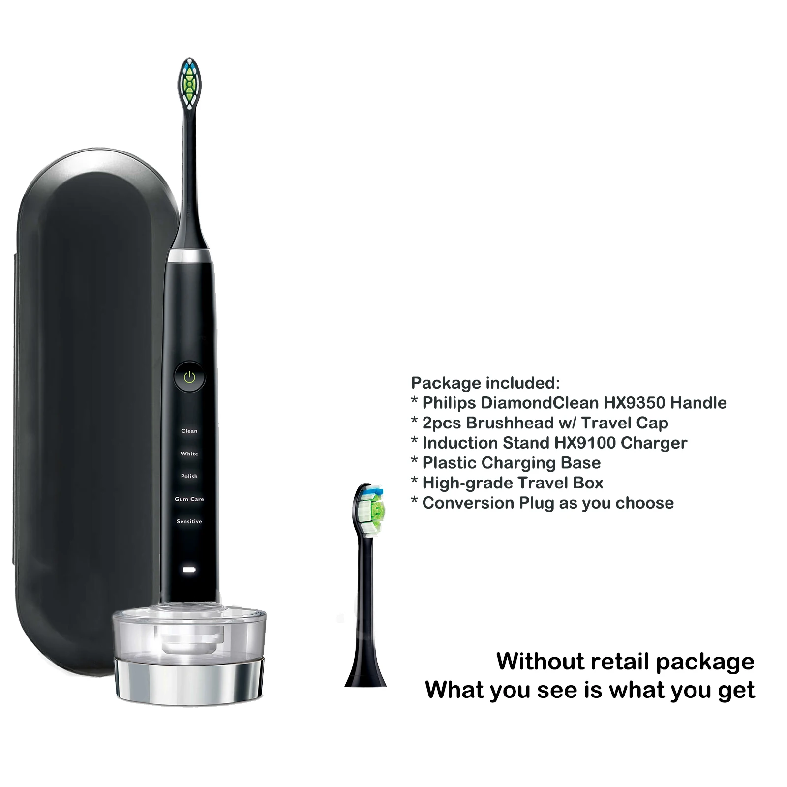 For Sonicare DiamondClean Electric Toothbrush HX9350 Black 2 brush