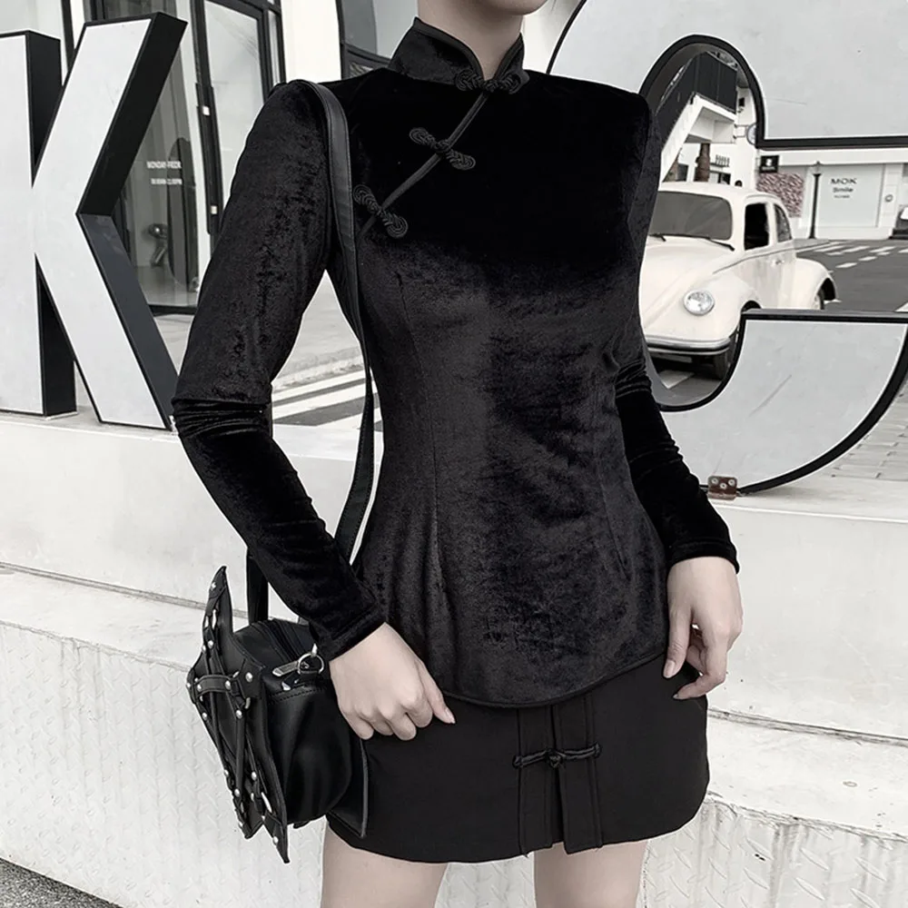 Винтажный Топ Cheongsam женский черный облегающий с длинным рукавом черные футболки