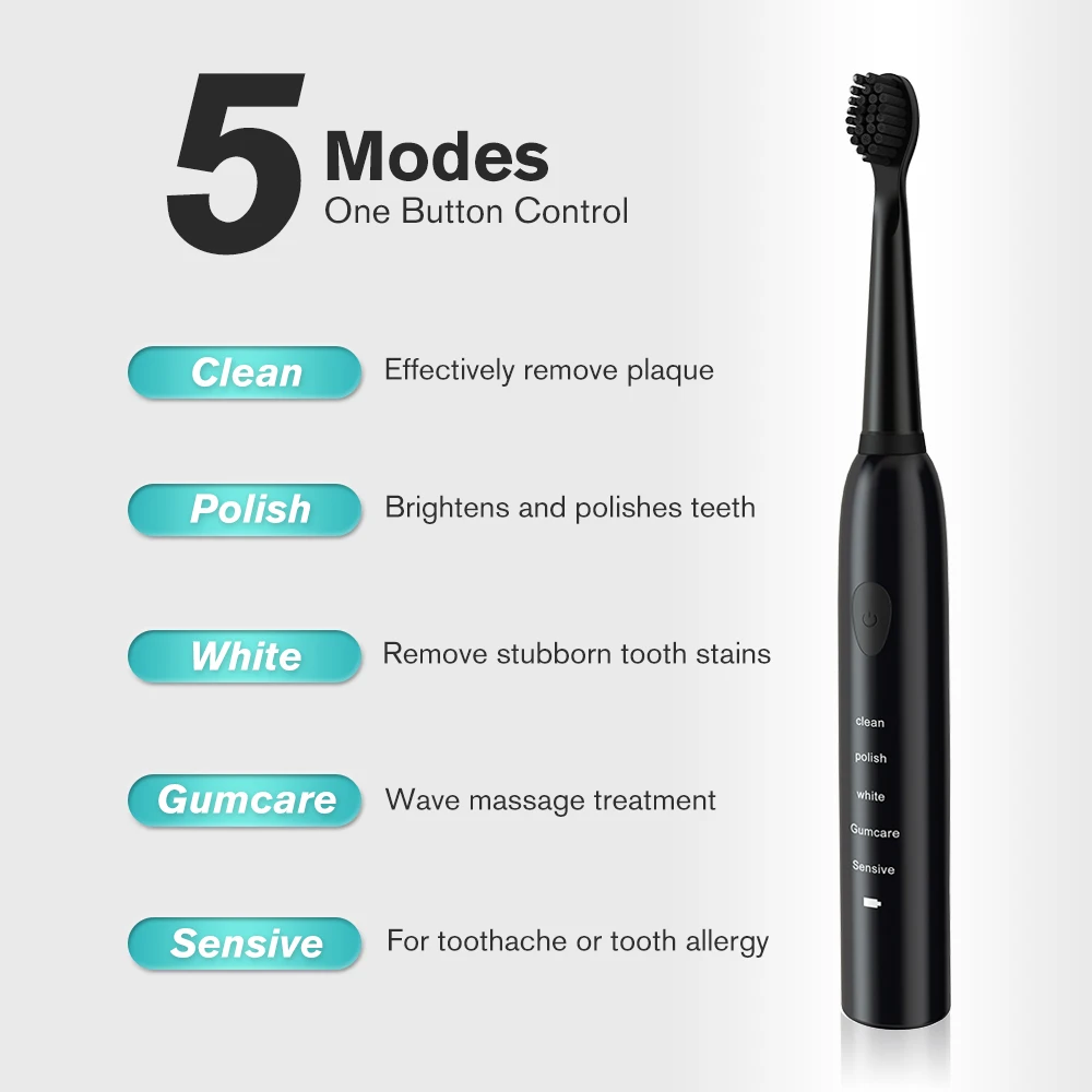 5 Modes Sonic Electric Toothbrush Rechargeable USB Waterproof Timer Tooth Brush Whitening for Adults + 4 Replacement Heads 5 Modes Sonic Electric Toothbrush Rechargeable USB Waterproof Timer Tooth Brush Whitening for Adults + 4 Replacement Heads