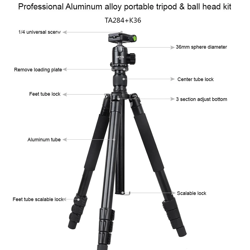 FFYY-Bexin Ta284+K36 Professional Aluminum Tripod Portable Travel Compact System Horizontal Tripod With Ball Head For Canon Slr
