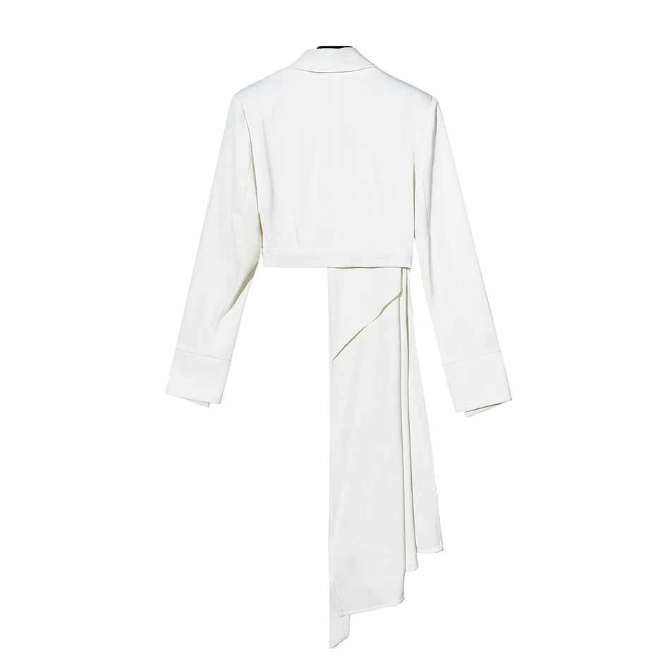 Winter Winter New V-Neck Long-Sleeved White Button Belt Solid Color Irregular Shirt Blouse Fashion Tide