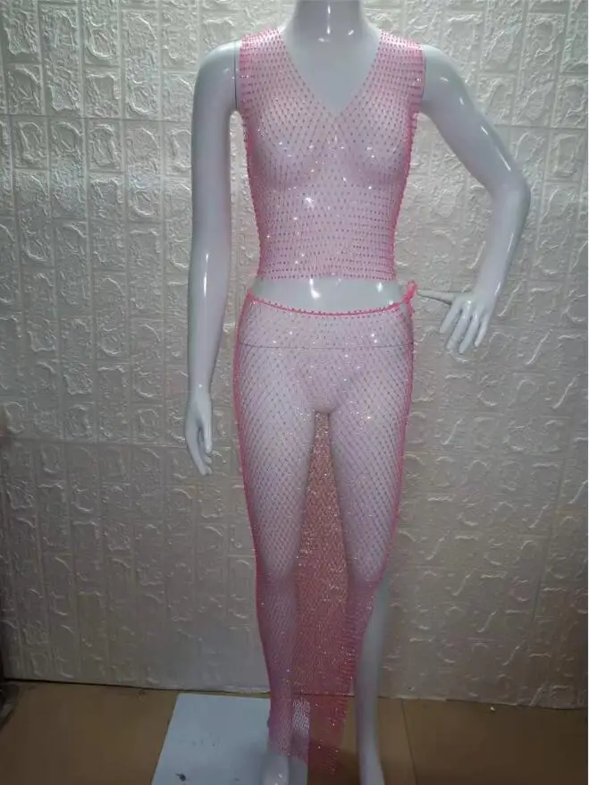 Pink V-neck Сексуальное Сетчатое блестящее Сетчатое платье с бриллиантами, женские праздничные вечерние платья, роскошные летние пляжные платья, Новинка - Цвет: Pink V-neck