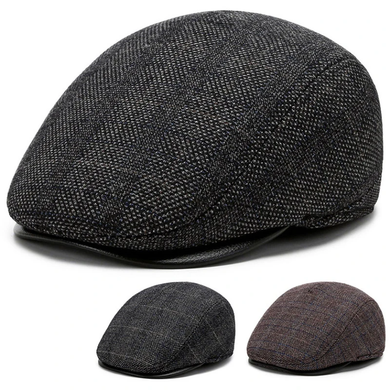 men's berets HT3742 Beret Cap Autumn Winter Hat Vintage Plaid Wool Beret Hats with Ear Flaps Thick Warm Ivy Newsboy Flat Cap Berets for Men beret flat cap