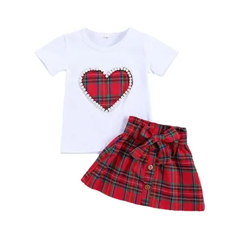 

1-5Y Infant Baby Girls Xmas Outfit Plaid Print Pearl Short Sleeve T Shirts Bowknot Red Plaid A-Line Skirts 2pcs Clothes Sets