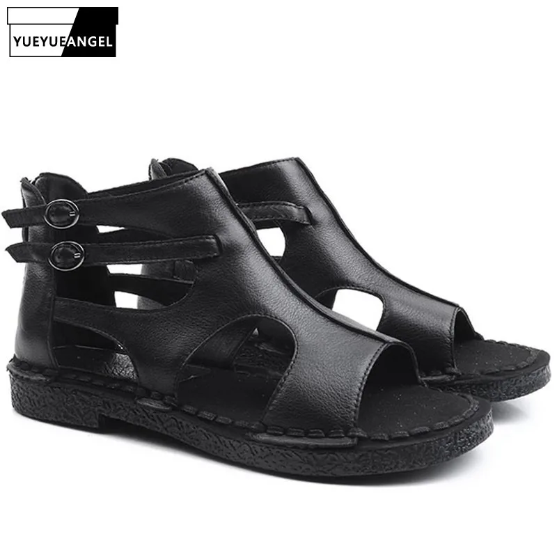 

Women Roman Sandals Female Handmade Genuine Leather Women Comfortable Flat Shoes Sandals Sladiator Women Summer Shoes Red Black