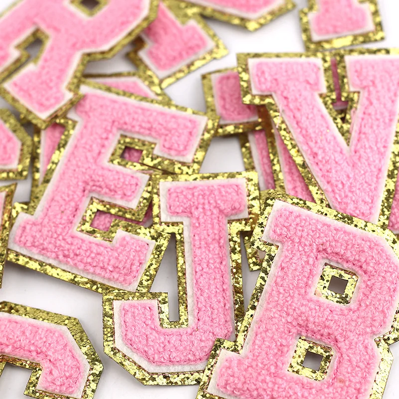 8cm 핑크 문자 Applique AlphabetTowel 수 놓은 셔닐 패치 DIY 의류 가방 자켓 아이언 패치 Applique