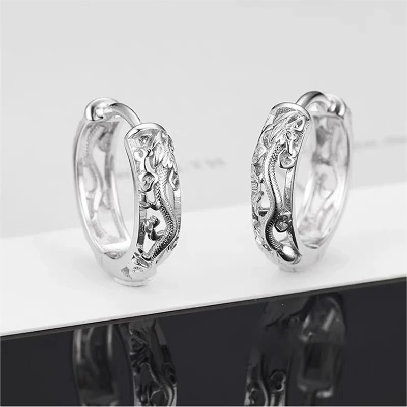 KOFSAC New Vintage Punk Creative Hollow Black Gold Dragon Hoops Jewelry 925 Sterling Silver Earrings For Men Party Accessories