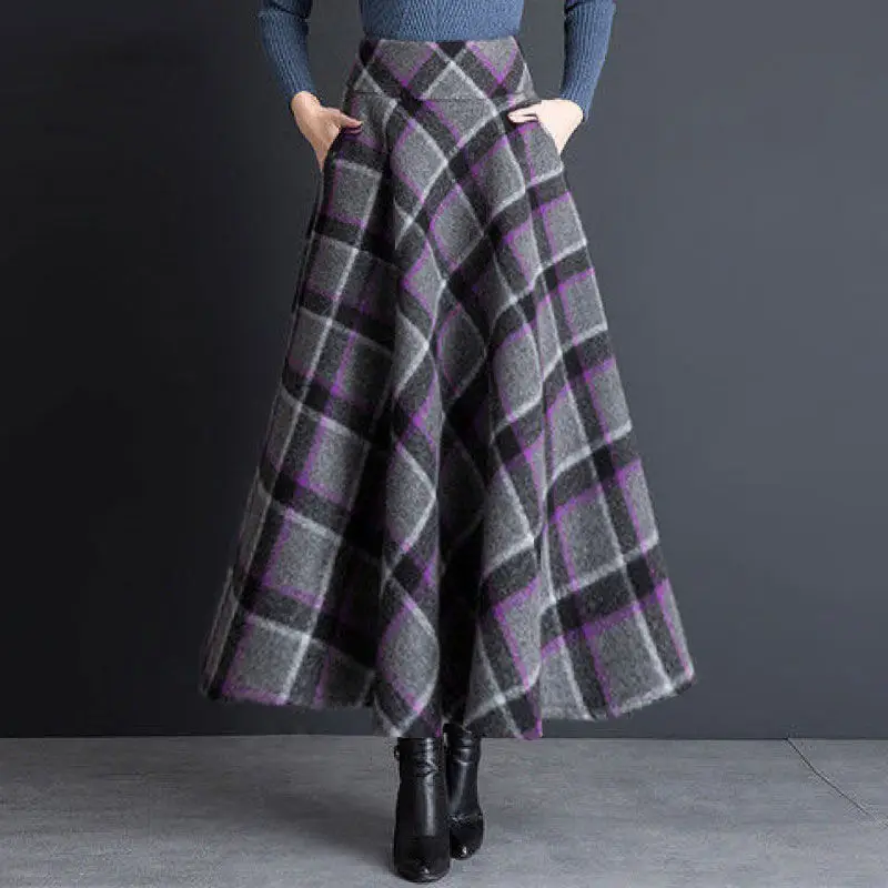 FairyShely 2020 High Waist Plaid Pleated Skirt Women Vintage Pocket Woolen Plus Size Maxi Skirt female Korean Tweed Long Skirt mini skirt