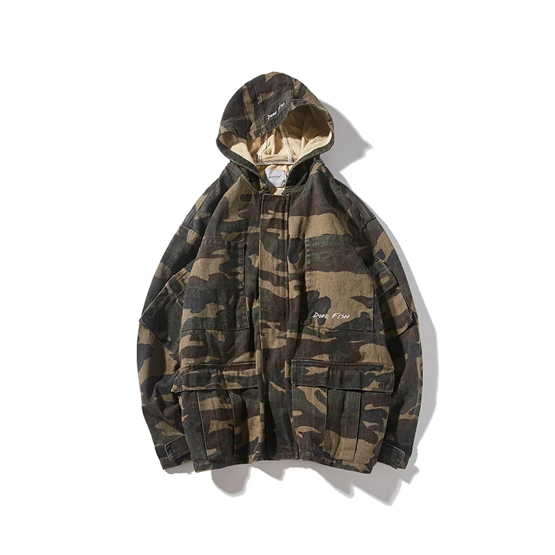 

Yi dao Vintage Japanese-style Retro Camouflage Tooling Jacket Hooded Autumn Clothing Popular Brand Multi-pockets Middle Long Coa