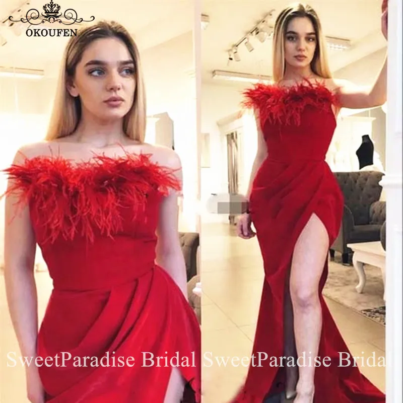 Красное вечернее платье с перьями платье без бретелей De Soiree Подиум Русалка сексуальное боковое платье с разрезом для выпускного вечера для