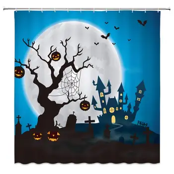 

Halloween Shower Curtain Decor Pumpkin Lantern Jack-o-Lanterns Moon Castle Tree Tombstone Cobweb Bat Blue Bathroom Curtain