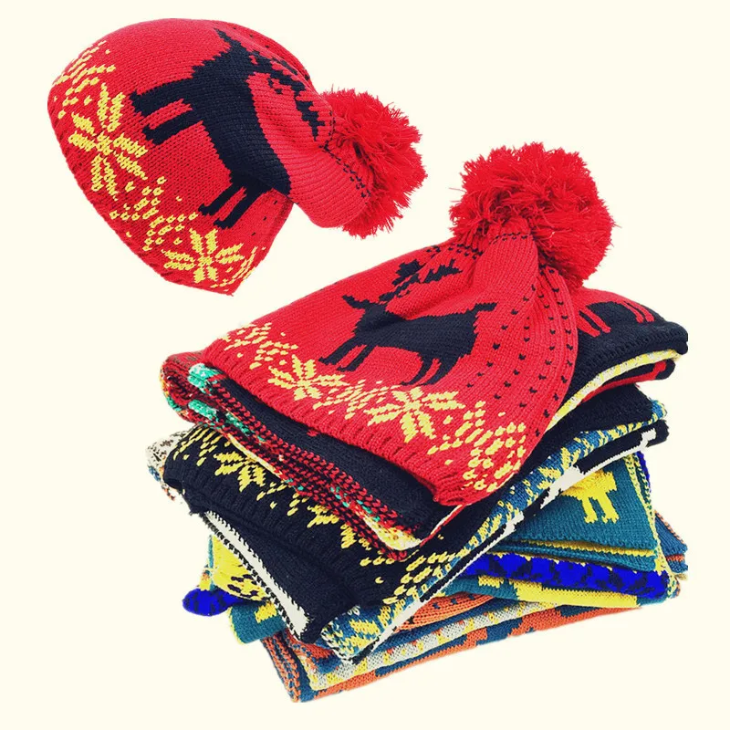 Шикарный осенне-зимний Рождественский трикотаж, шапка, шарф, перчатки, комплект из 3 предметов, теплые флисовые рождественские шапочки с помпоном, вязаные крючком шапки, шали, шапки, варежки SH115