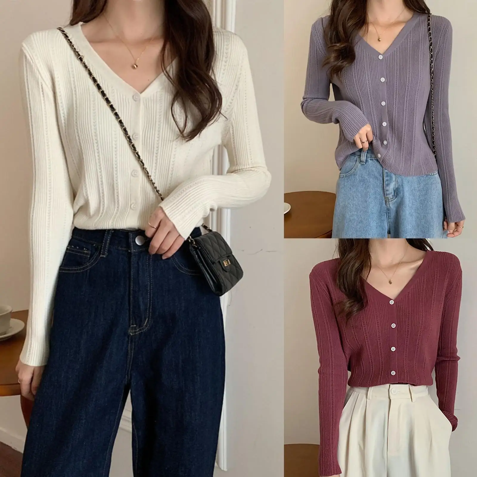 

Women Solid Color Knitwear Long Sleeve V Neck Single-breasted Blouse Sweater