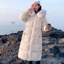 Зимние длинные пуховые пальто с меховым капюшоном для женщин, плотные теплые хлопковые куртки больших размеров, Пальто Harajuku, женские корейские свободные парки