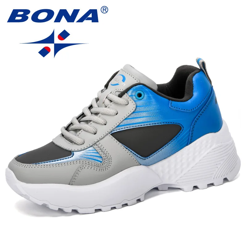L gray D grey L blue BONA/Новое поступление года; повседневная обувь; Модные женские кроссовки на шнуровке; обувь для отдыха; женская Вулканизированная обувь; модная Уличная обувь на платформе - Цвет: L gray D grey L blue