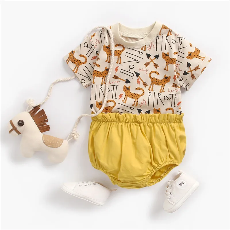 

Newborn Suit baby girl clothes Cotton Cute Cartoon Cat pattern top+yellow shorts Children's Toddler Home service baby boy clothe