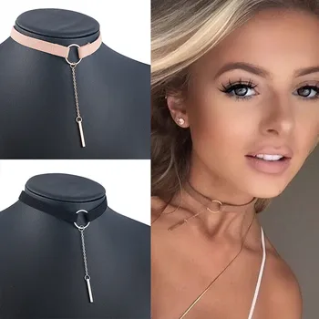 90’S Punk New Fashion 4 Colors Leather Choker Necklace Gold Color Geometry With Round Pendant Collar Necklace For Women Girls