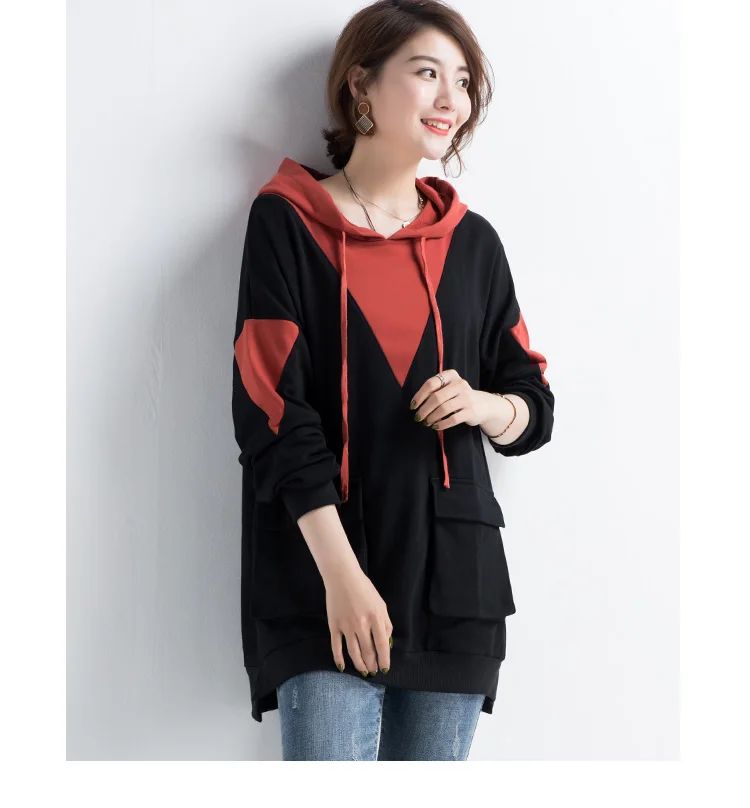 L-5XL Plus Size Women Long Hoodies Autumn Fashion Long Sleeve Patchwork Colored Loose Casual Sweatshirt with Pockets