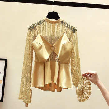 

Yellow Lace Blouse Women 2020 Spring New Slim Crew Neck Mesh Lace Long Sleeve Shirt Tops Lady's Blusas