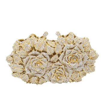 

Dazzling Women Gold Rose Flower Hollow Out Crystal Evening Metal Clutches Small Minaudiere Handbag Purse Wedding Box Clutch Bag