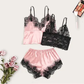 

Factory direct sales 3PC New Women Lace Stain Lingerie Camisole Wireless Bra Shorts Thong Pajamas Set Purchasing hot sale 2019