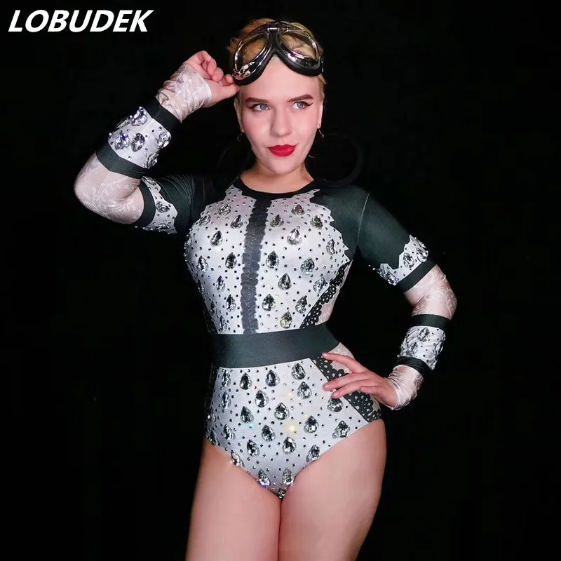 

Big Rhinestones Long Sleeve Bodysuit Elastic Crystals Bodysuits Bar Nightclub DJ Singer Dancer Tight Costume Leotard Stage Wear