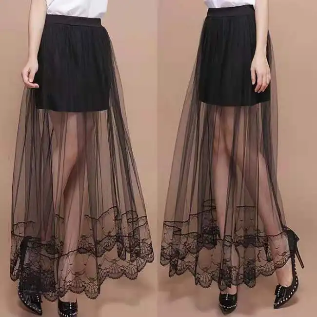 

Mesh Skirt 2020 Autumn Winter New High Waist Slim Temperament Mid-Length Korean Style Black Lace Women's Skirt