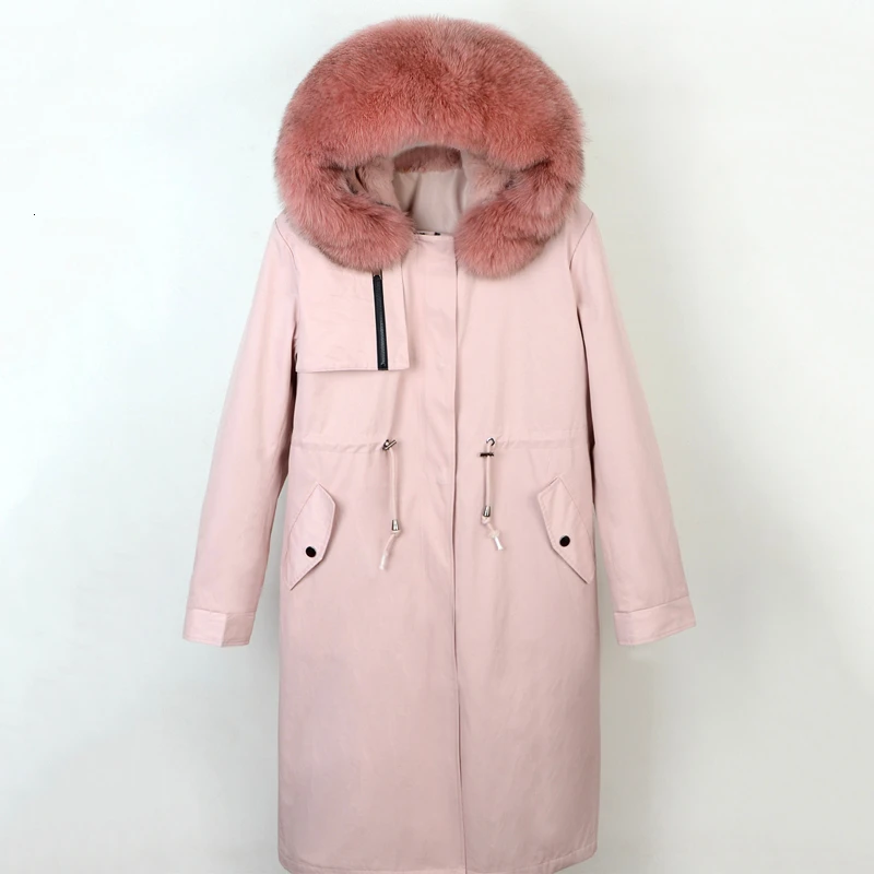 Парка из натурального меха, Женское зимнее пальто, длинная теплая куртка с капюшоном для женщин, новинка, натуральный мех лисы, парки, Повседневная однотонная зимняя одежда для женщин - Цвет: Pink