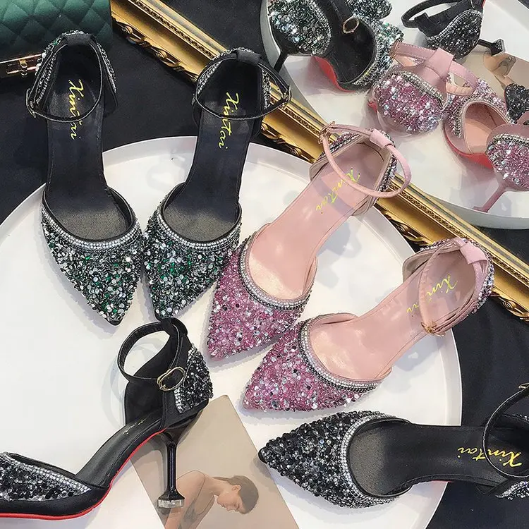 

8 Cm Rhinestone sequins pointed small fresh high heels stiletto single shoes sexy elegant women's shoes temperament party pumps
