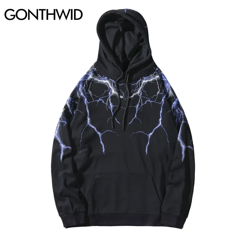 

GONTHWID Hip Hop Lightning Print Hooded Sweatshirts Hoodies Streetwear Fashion Casual Punk Rock Hipster Harajuku Tops Hoodie Outwear