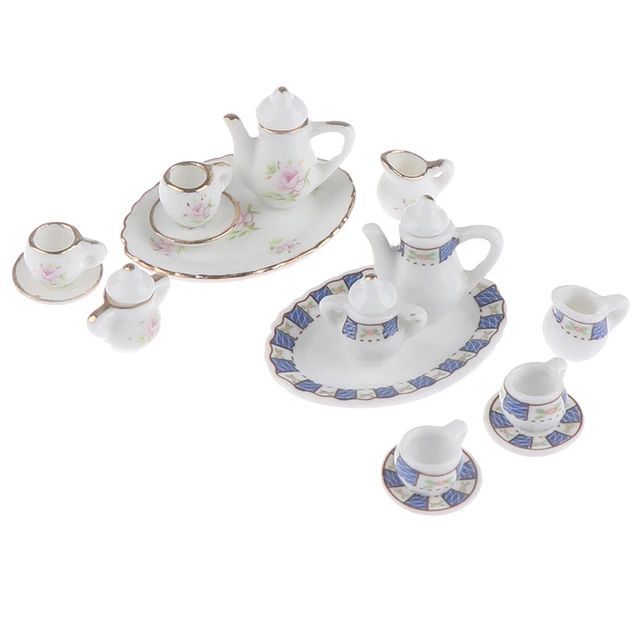 8pcs/set Dollhouse Miniature Porcelain Tea Cup Sets Mini Teapot Coffee Plate Play Kitchen Dining Tableware Toy 2