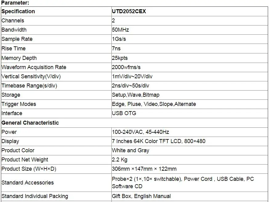 UNI-T UTD2052CEX двухканальный цифровой Настольный осциллограф 7 широкоформатный USB Передача