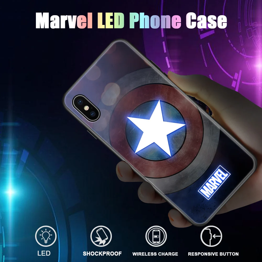 For iPhone XS Max XR 11 Pro Cases LED Flashing Marvel Avengers Ironman Casing Tempered Glass Cover Case For iPhone 6 6S Plus 7 8