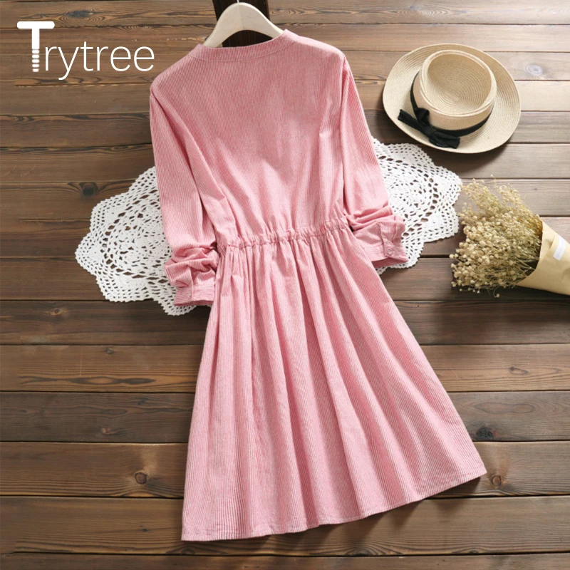 Осеннее женское платье Trytree Повседневное рубашка в полоску с круглым вырезом и