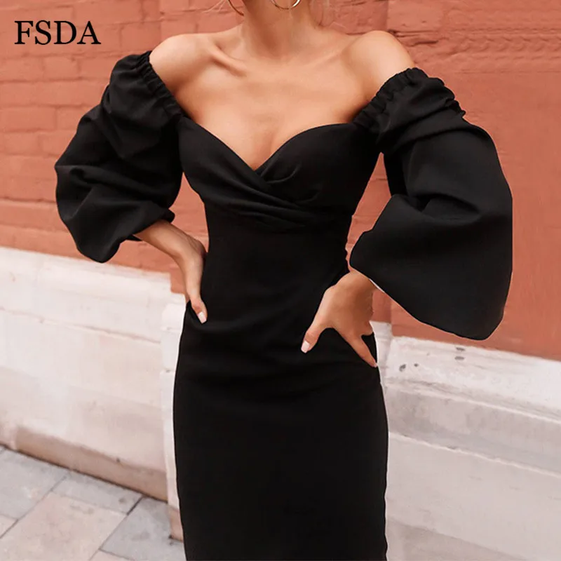 Женское платье с открытыми плечами FSDA черное красное винтажное длинным рукавом и
