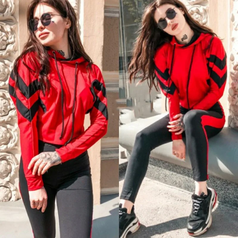 

2020 Autumn and winter new ladies casual striped hoodie + 2-piece set of elastic trousers, street slim