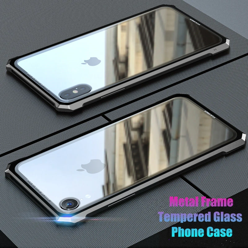 

Luxury Metal Frame Case for IPhone 11Pro XS Max X XR Clear Tempered Glass Hybrid Armor Cover for iPhone 6 6S 7 8 Plus Coque
