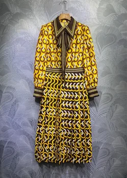 

2020 runway autumn women printed dresses OL bow turn down collar long sleeve patchwork pleated long dress vestidos Y776