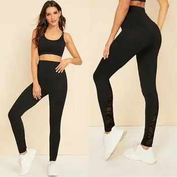 

Women Skinny Pencil Pants Elastic High Waist Lace Patchwork Stretch Slim Stretchy jogging Fit Running Trousers Black For Ladies