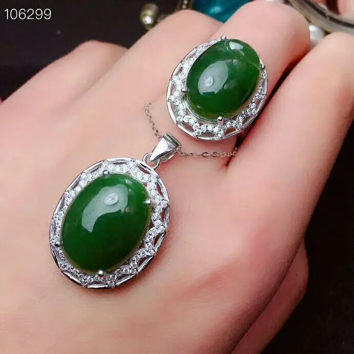 

MeiBaPJ Natural Spinach Green Nephrite Jade Gemstone Jewelry Set 925 Sterling Silver 2 Siut Green Stone Fine Jewelry for Women