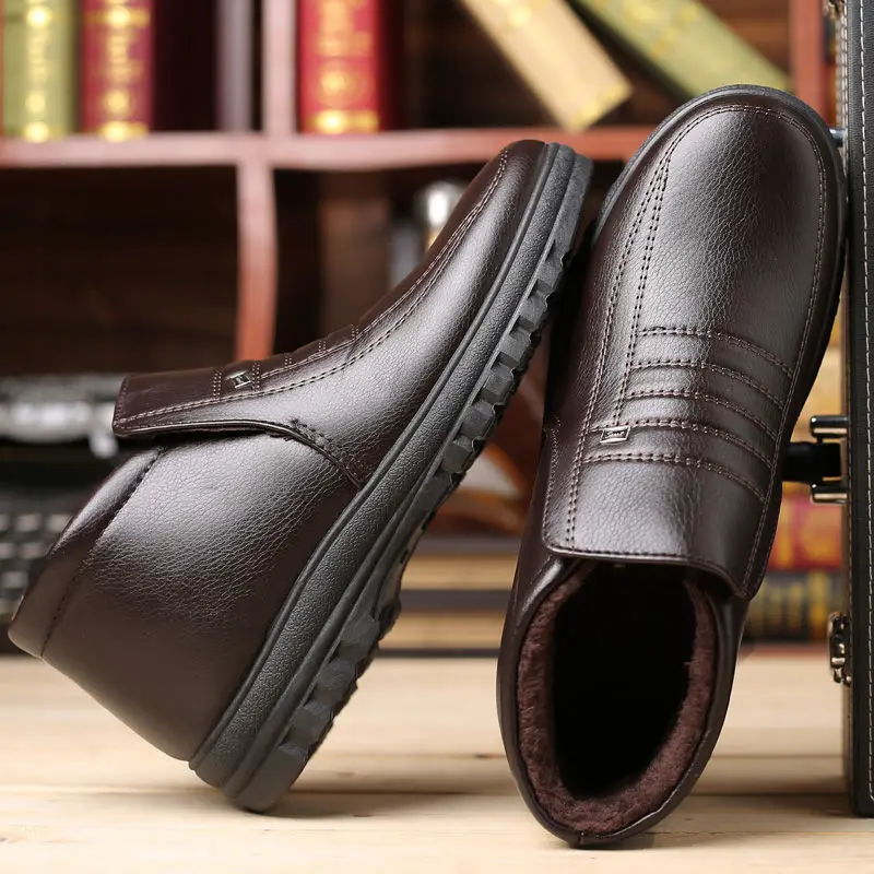 Winter Waterproof Men's Casual Leather Shoes Flannel High Top Slip-on Male Casual Shoes Rubber Warm Winter for Mens