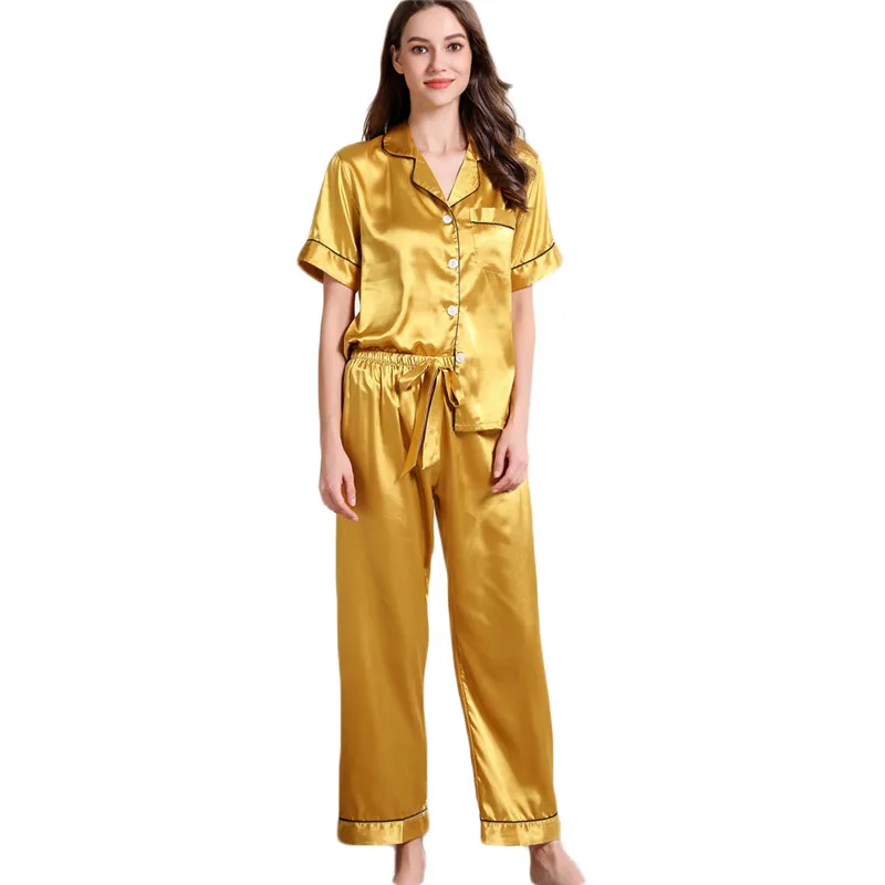 Женский Пижамный костюм, топ+ штаны, короткий рукав, длинные штаны, одежда для сна, короткие пижамные комплекты, Conjunto de pijama - Цвет: Yellow