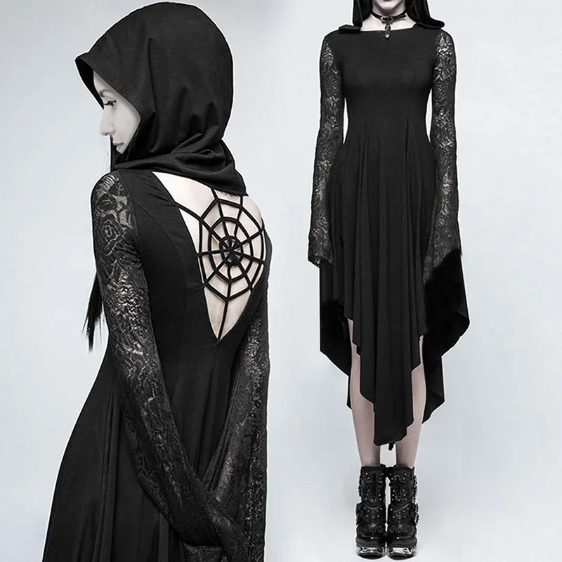 

Halloween Spider Web Long Sleeve Lace Panel Cutout Irregular Dress Black Lace Long Sleeve Dress Omighty Kleider Damen Jurken