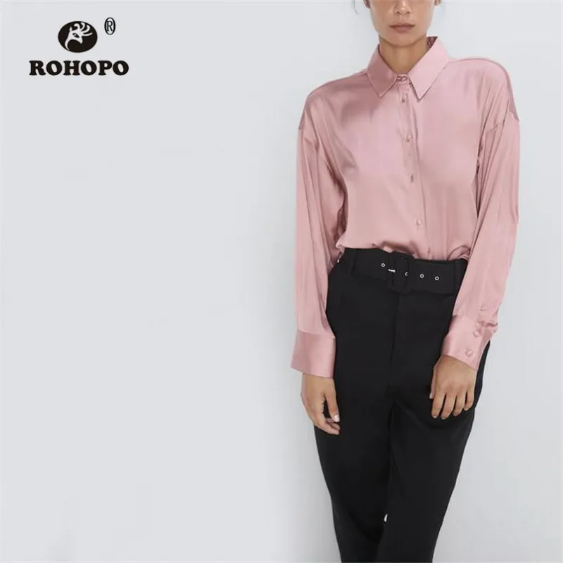 ROHOPO/розовая блузка с длинным рукавом, шелковистая, однотонная, мешковатая, мягкая, плиссированная, женская, осенняя рубашка,#2264