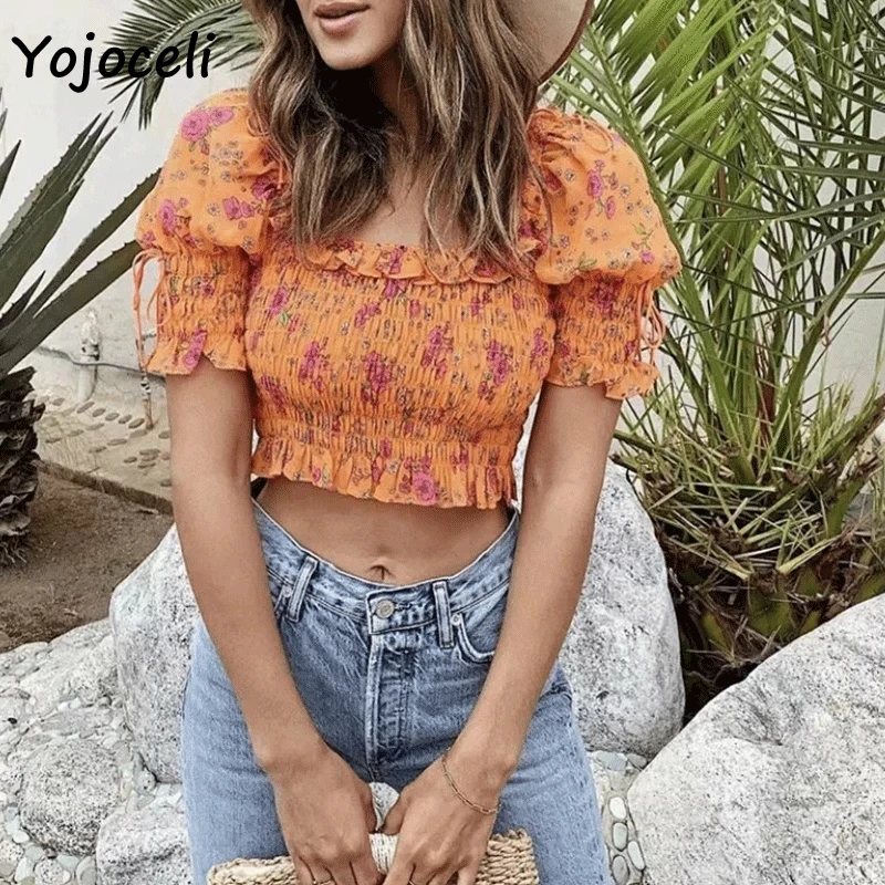 

Yojoceli puff sleeve print blouses female blusas ruffle puff sleeve square neck cropped tops shirt