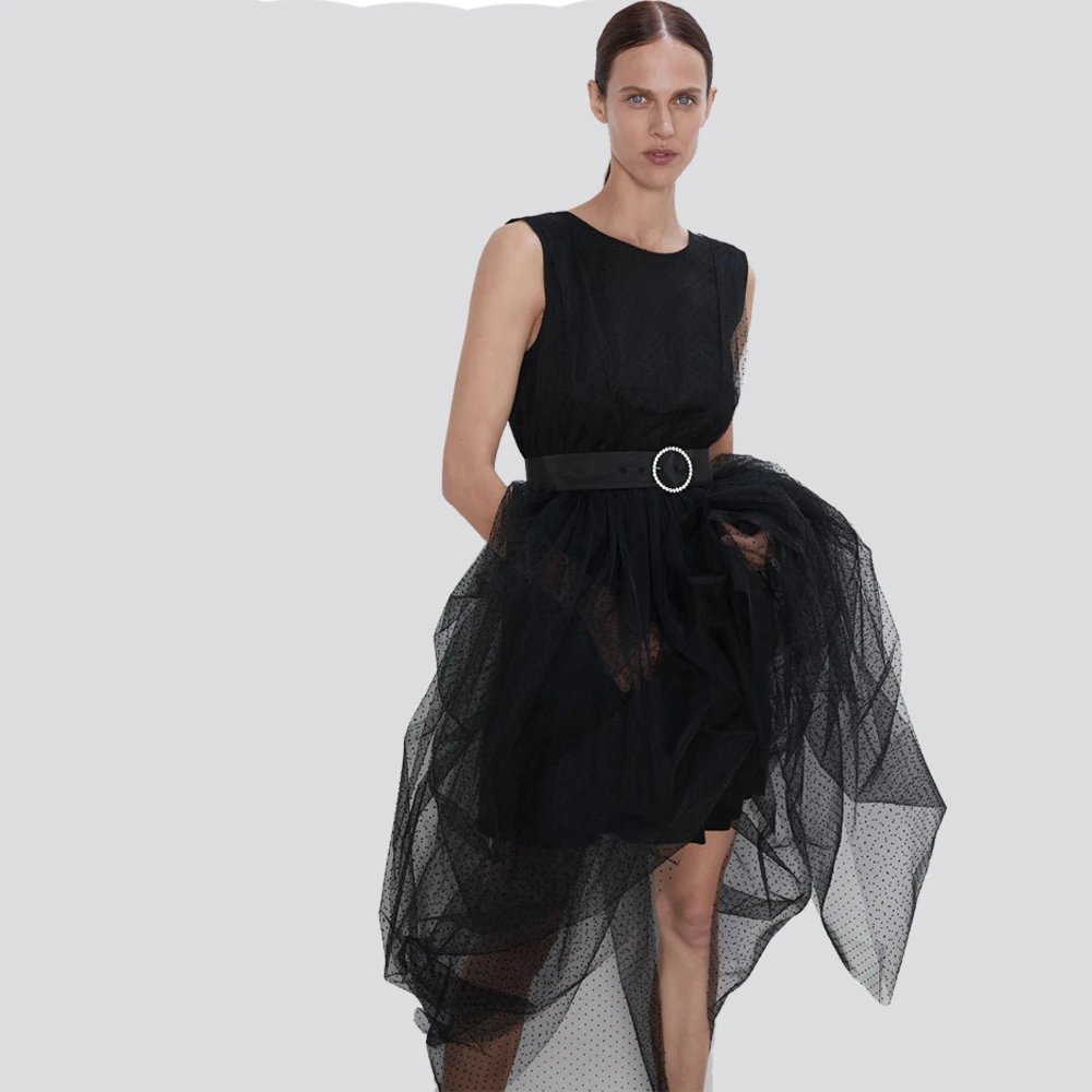 

2019 ZA Women Dress Fashion New Autumn Women Gauze Mesh Midi Dress Bohemian Sleeveless Round Neck Dress Loose Slim Dress Party