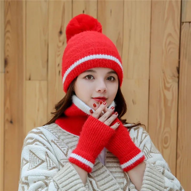 Мужская зимняя шапка воротник шарф наборы перчаток хлопок Модная вязаная шерстяная шапка шейный платок с маской плюшевые теплые женские шапки перчатки набор - Цвет: RED WITH GLOVES